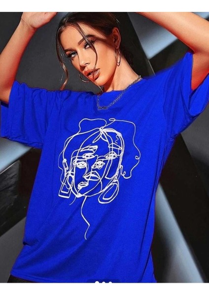 Oversize T-Shirt Baskılı Mavi Renk