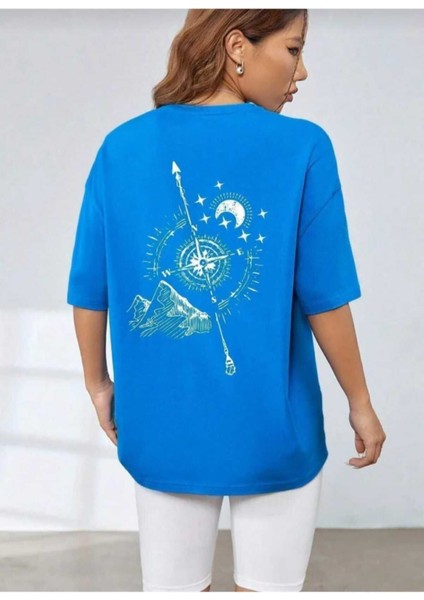 Oversize T-Shirt Sırt Baskılı Mavi Renk