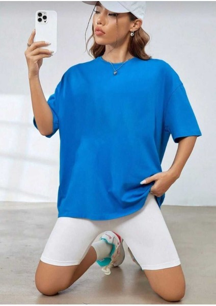 Oversize T-Shirt Sırt Baskılı Mavi Renk