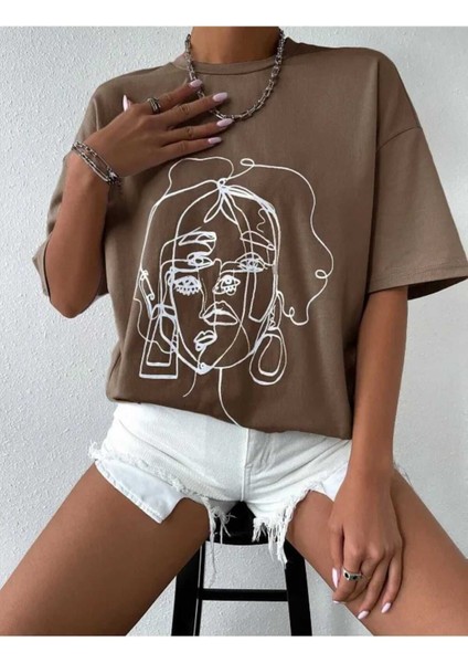 Oversize T-Shirt Baskılı Kahverengi Renk