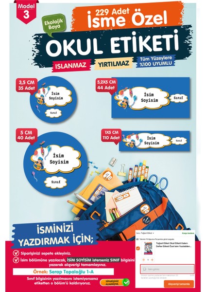 Okul Etiketi Kalem Defter Etiketi Özel Isim Yazılabilen Etiket- Isim Etiketi