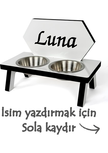 İsme Özel Ahşap Kedi Köpek Mama Su Kabı Beyaz