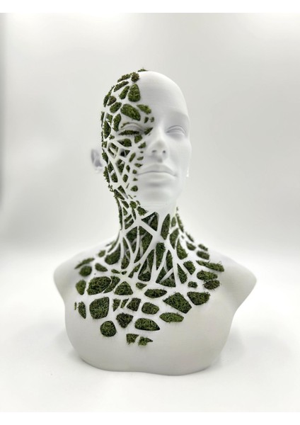 Doğal Yosunlu 3D Baskı Büst Heykel | Geometrik Detaylı Biophilic Sanat | Bakım Gerektirmeyen Modern Dekor (22X24 Cm)