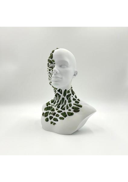 Doğal Yosunlu 3D Baskı Büst Heykel | Geometrik Detaylı Biophilic Sanat | Bakım Gerektirmeyen Modern Dekor (22X24 Cm)
