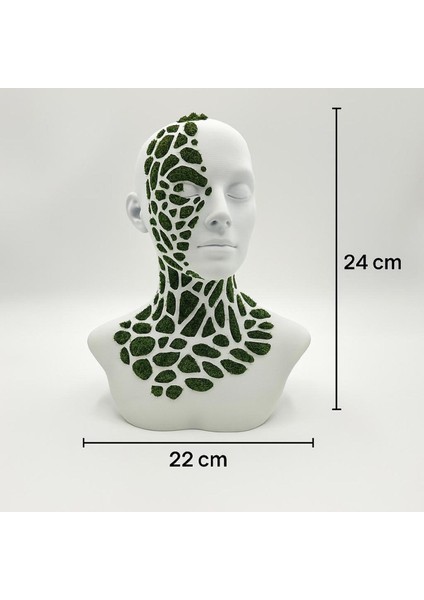 Doğal Yosunlu 3D Baskı Büst Heykel | Geometrik Detaylı Biophilic Sanat | Bakım Gerektirmeyen Modern Dekor (22X24 Cm)