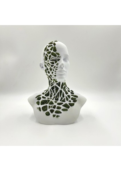 Doğal Yosunlu 3D Baskı Büst Heykel | Geometrik Detaylı Biophilic Sanat | Bakım Gerektirmeyen Modern Dekor (22X24 Cm)