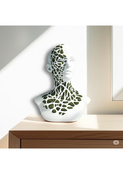 Doğal Yosunlu 3D Baskı Büst Heykel | Geometrik Detaylı Biophilic Sanat | Bakım Gerektirmeyen Modern Dekor (22X24 Cm)