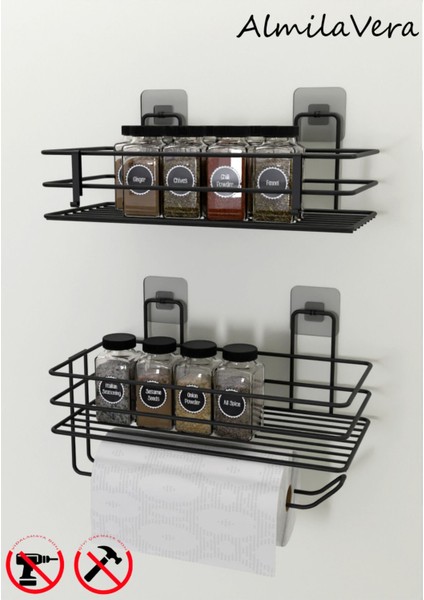 Güçlü Yapışkanlı Baharatlık 2 Li Metal Kağıt Havluluk Siyah Baharat Standı Mutfak Rafı
