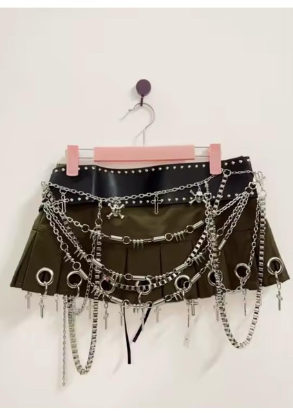Kendinden Külotlu Mini Etek, Zincir Detaylı Mini Etek, Punk Etek, Gotik Etek, Kemerli Etek