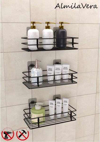 Güçlü Yapışkanlı Kancalı 3 Adet 3 Katlı Banyo Mutfak Düzenleyici Rafı Mat Siyah