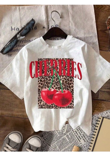 Kadın Oversize Cherries Leopar T-Shirt