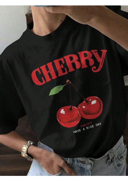 Kadın Oversize Happy Cherry T-Shirt
