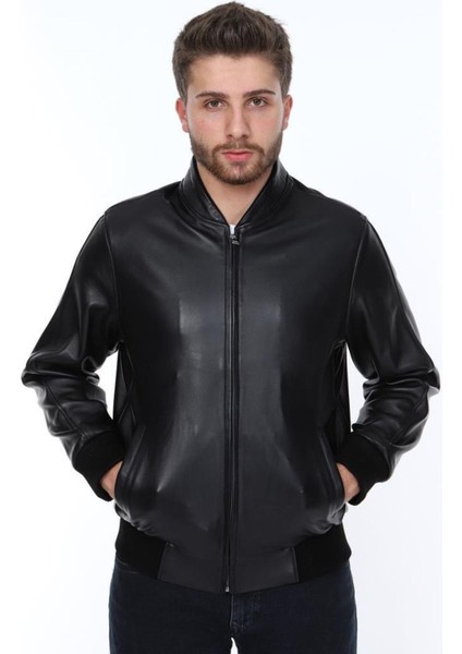 Hakiki Deri Siyah Thomas Lastikli Erkek Deri Ceket