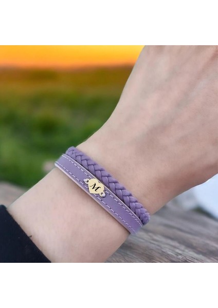 M Harfine Özel Doğal Mor Derili Kalp Motifli 14 Ayar Altın Plakalı Hediye Bileklik-453Harf