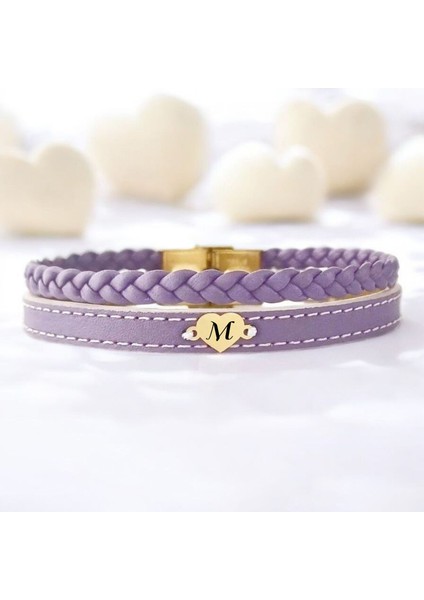 M Harfine Özel Doğal Mor Derili Kalp Motifli 14 Ayar Altın Plakalı Hediye Bileklik-453Harf fiyatları