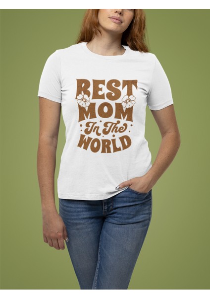 Best Mom In The World Baskılı Standart Kalıp Bisiklet Yaka Pamuklu Kadın Tshırt fiyatları