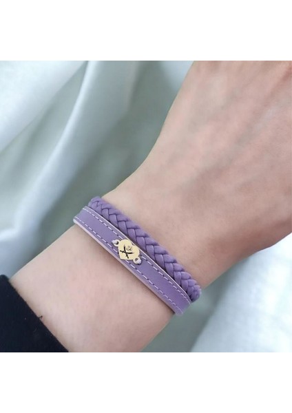 Hz Ali Temalı Doğal Mor Derili Kalp Motifli 14 Ayar Altın Plakalı Hediye Bileklik-453SEMBOL