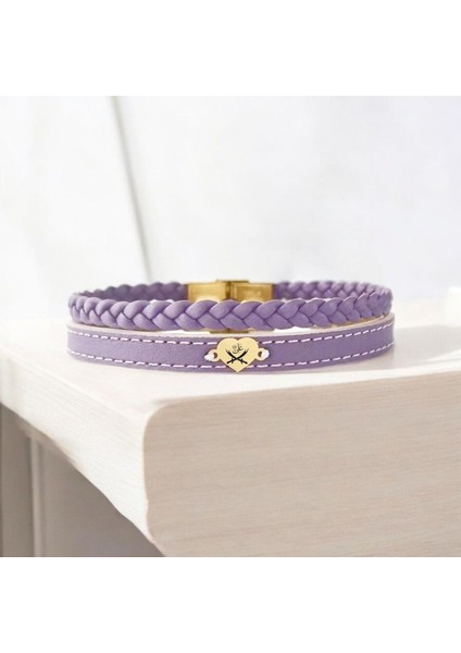 Hz Ali Temalı Doğal Mor Derili Kalp Motifli 14 Ayar Altın Plakalı Hediye Bileklik-453SEMBOL fiyatları
