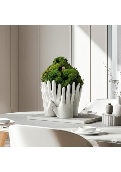 Doğal Yosunlu El Figürlü Saksı | 3D Baskı Zen Dekor | Bakım Gerektirmeyen Bitki Heykeli (17X24 Cm)