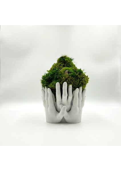 Doğal Yosunlu El Figürlü Saksı | 3D Baskı Zen Dekor | Bakım Gerektirmeyen Bitki Heykeli (17X24 Cm)