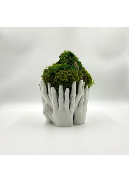 Doğal Yosunlu El Figürlü Saksı | 3D Baskı Zen Dekor | Bakım Gerektirmeyen Bitki Heykeli (17X24 Cm)