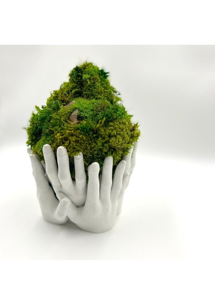 Doğal Yosunlu El Figürlü Saksı | 3D Baskı Zen Dekor | Bakım Gerektirmeyen Bitki Heykeli (17X24 Cm)