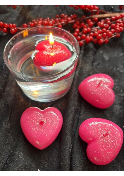 4 Lü Simli Pembe Parlak Yüzen Kalp Mum