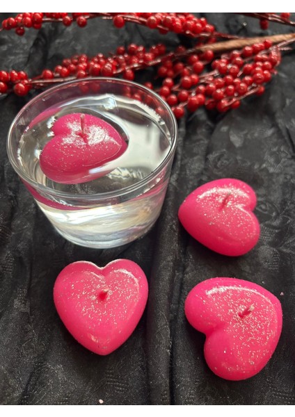 4 Lü Simli Pembe Parlak Yüzen Kalp Mum
