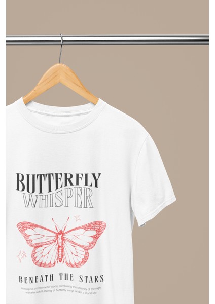 Butterfly Whısper Baskılı Standart Kalıp Bisiklet Yaka Pamuklu Kadın Tshırt modelleri