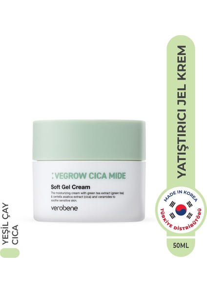 Vegrow Cica Mide Soft Gel Cream Nemlendirici Yatıştırıcı Vegan Yeşil Çay Özlü Jel Krem Kore 50ml