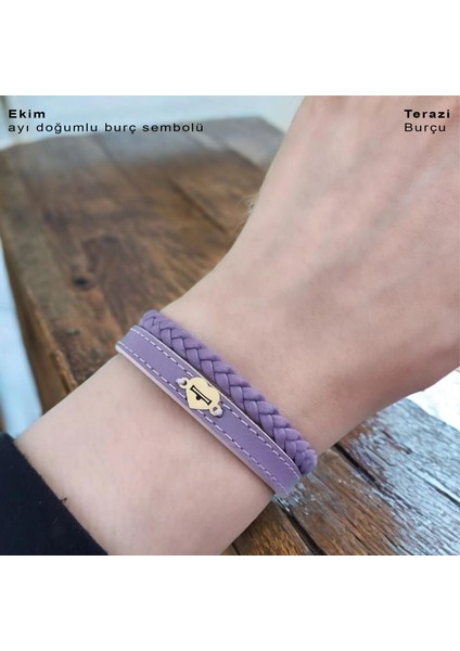 Ekim Ayı Doğumları İçin Kalp Motifli 14 Ayar Altın Plakalı Doğal Mor Derili Hediye Bileklik-453AY