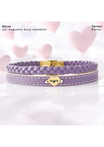 Ekim Ayı Doğumları İçin Kalp Motifli 14 Ayar Altın Plakalı Doğal Mor Derili Hediye Bileklik-453AY fiyatları