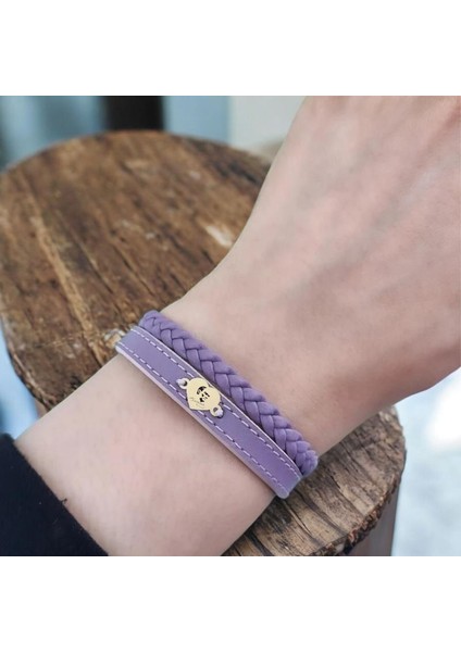 Atatürk Temalı Doğal Mor Derili Kalp Motifli 14 Ayar Altın Plakalı Hediye Bileklik-453SEMBOL