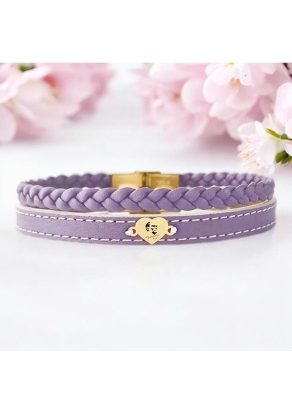 Atatürk Temalı Doğal Mor Derili Kalp Motifli 14 Ayar Altın Plakalı Hediye Bileklik-453SEMBOL fiyatları