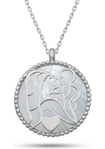 Gümüş Sedef Taşlı Anne Çocuk Sevgisi Kolye