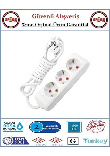 Multi-Let Üçlü Topraklı Priz - 2 Metre - Çocuk Korumalı - Beyaz - Orjinal Ürün