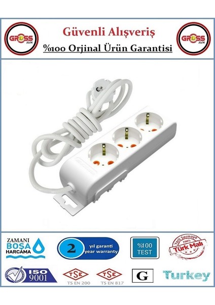 Multi-Let Üçlü Topraklı Priz - 2 Metre - Çocuk Korumalı - Beyaz - Orjinal Ürün fiyatları