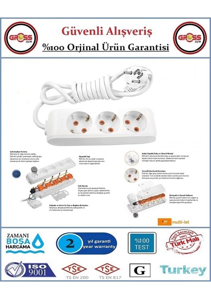 Multi-Let Üçlü Topraklı Priz - 2 Metre - Çocuk Korumalı - Beyaz - Orjinal Ürün modelleri