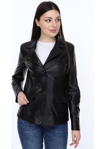 Hakiki Deri Siyah Düğmeli Silva Kadın Ceket