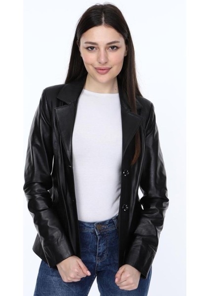 Hakiki Deri Siyah Düğmeli Silva Kadın Ceket fırsatları