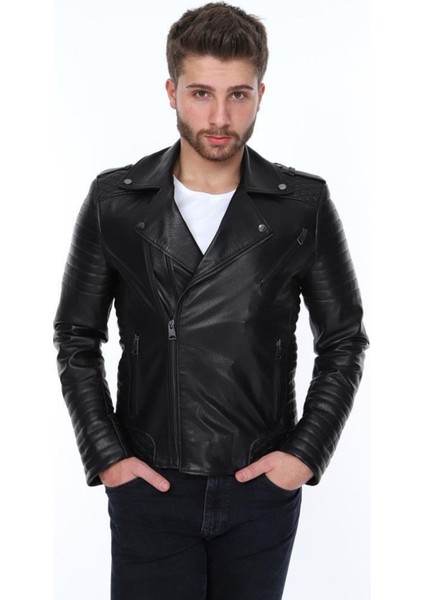 Hakiki Deri Siyah Toore Yan Fermuarlı Erkek Deri Ceket