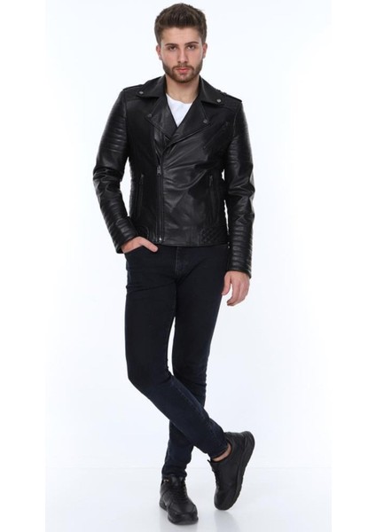 Hakiki Deri Siyah Toore Yan Fermuarlı Erkek Deri Ceket fiyatları