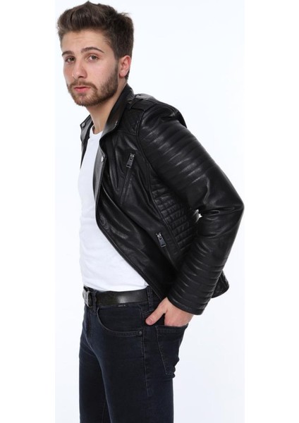Hakiki Deri Siyah Toore Yan Fermuarlı Erkek Deri Ceket indirimleri