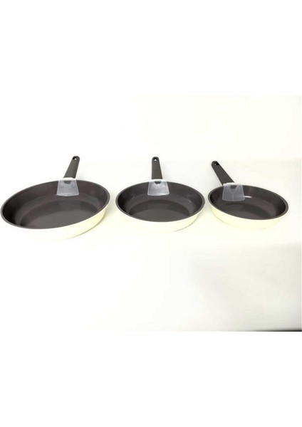 15016 - 3 Parça, Indüksiyonlu Ocak Uyumlu, Döküm, Seramik, ( 20 - 24 - 28 cm ) Tava Seti Krem Rengi