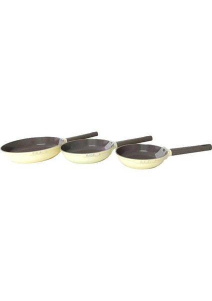 15016 - 3 Parça, Indüksiyonlu Ocak Uyumlu, Döküm, Seramik, ( 20 - 24 - 28 cm ) Tava Seti Krem Rengi