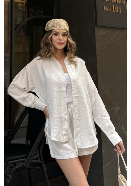 Siyah Keten Karışımlı Oversize Gömlek Beyaz / S