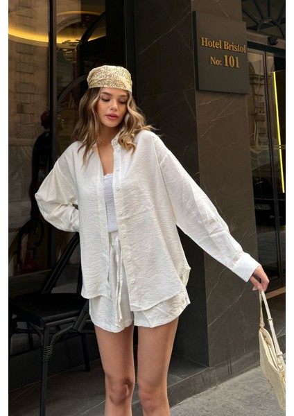 Siyah Keten Karışımlı Oversize Gömlek Beyaz / S modelleri