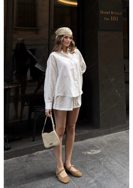 Siyah Keten Karışımlı Oversize Gömlek Beyaz / S