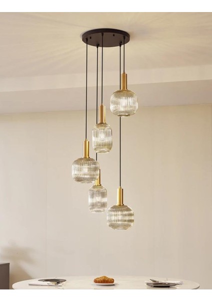 Mylights Şeffaf Cam Beşli 5li Sarkıt Masaüstü Salon Avize Modern Mat Altın Gold Eskitme Kaplama Siyah Gövde Otel Kafe Aydınlatma