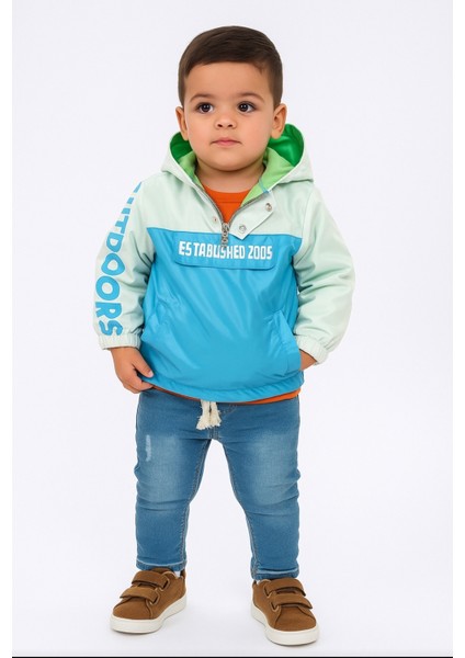 Erkek Bebek-Çocuk Yarım Fermuar Çıt Çıt Kapama Kapüşonlu Cepli Yağmurluk Tshırt Kot Pantolon Takım